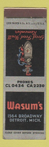 Matchbook Cover - Wasum's Detroit MI restaurant SAMPLE WEAR