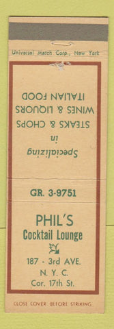 Matchbook Cover - Phil's Cocktail Lounge New York City