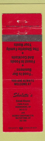 Matchbook Cover - Sholette's Steak House Watertown NY
