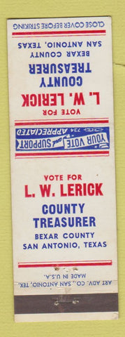 Matchbook Cover - LW Lerick County Treasurer Election San Antonio TX