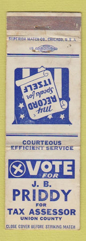 Matchbook Cover - JB Priddy Tax Assessor Election Union County WEAR