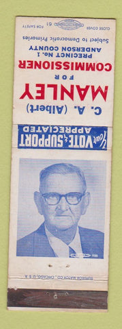 Matchbook Cover - CA Manley Commissioner Election Anderson County