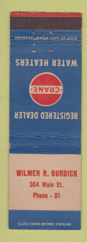 Matchbook Cover - Crane Water Heaters Wilmer Burdick