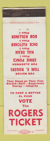 Matchbook Cover - Tom Rogers ofr Mayer Ernie Ponce Alderman El Paso TX