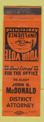 Matchbook Cover - John B McDonald District Attorney Election WEAR
