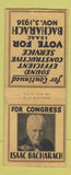 Matchbook Cover - Isaac Bacharach Congress Election 1936 NJ New Jersey BOBTAIL