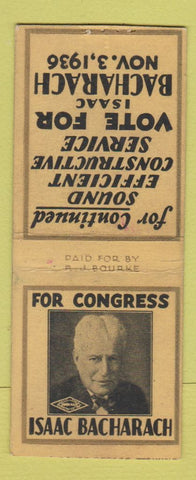 Matchbook Cover - Isaac Bacharach Congress Election 1936 NJ New Jersey BOBTAIL