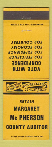 Matchbook Cover - Margaret McPherson for County Auditor Bremerton WA