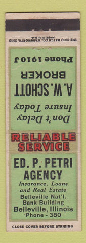 Matchbook Cover - AW Schott Ed Petri Insurance Belleville IL