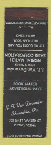 Matchbook Cover - JF Van Devender Federal Match Shamokin PA