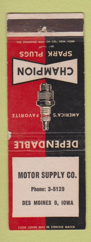 Matchbook Cover - Champion Spark Plugs Motor Supply Des Moines IA