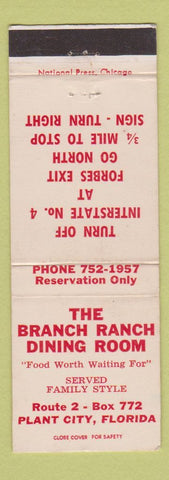 Matchbook Cover - The Branch Ranch Dining Room Plant City FL