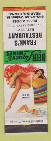 Matchbook Cover - Frank's Restaurant Reading PA pinup Grynastyl