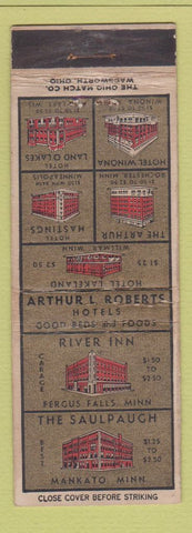 Matchbook Cover - Arthur Roberts Hotels Fergus Falls Mankato Willmar MN