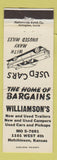 Matchbook Cover - Williamson's Trailers Campers Hutchinson KS used cars WEAR