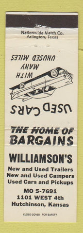 Matchbook Cover - Williamson's Trailers Campers Hutchinson KS used cars WEAR