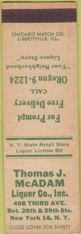 Matchbook Cover - Thomas J McAdam Liquor New York City SAMPLE