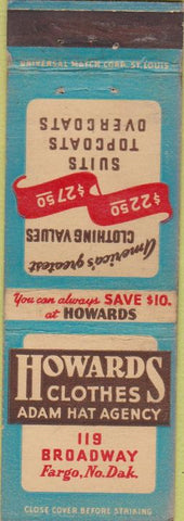 Matchbook Cover - Howards Clothes Adam Hats Fargo ND