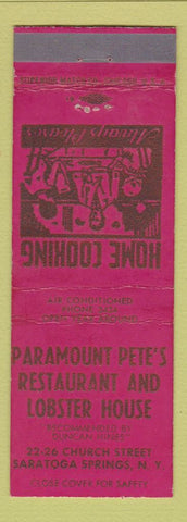 Matchbook Cover - Paramount Pete's Restaurant Saratoga Springs NY