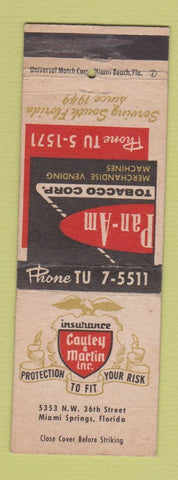 Matchbook Cover - Cauley Martin Insurance Pan Am Tobacco Miami Springs FL