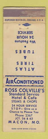 Matchbook Cover - Ross Colville's Standard oil gas Hotel Macon MO
