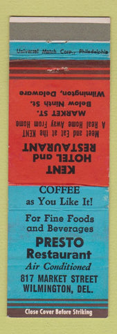 Matchbook Cover - Kent Hotel Restaurant Presto Restaurant Wilmington DE