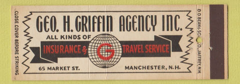 Matchbook Cover - Geo Griffin Insurance Travel Service Manchester NH DD Bean