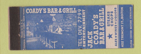 Matchbook Cover - Jack Coady's Bar Grill Boston MA Federal WEAR