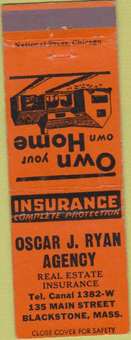 Matchbook Cover - Oscar Ryan Insurance real estate Blackstone MA
