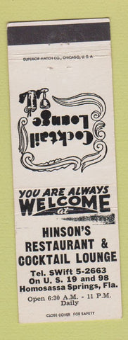 Matchbook Cover - Hinson's Restaurant Homosassa Springs FL
