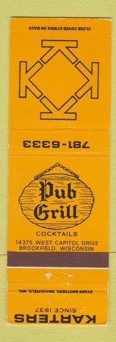 Matchbook Cover - Pub Grill Karters Brookfield WI