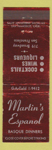 Matchbook Cover - Martin's Espanol Basque Restaurant San Francisco CA