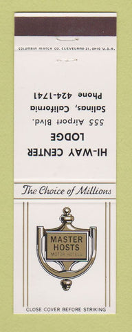 Matchbook Cover - Hi Way Center Lodge Salinas CA Master Hosts