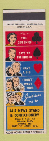 Matchbook Cover - Al's News Stand Confectionery Fort St John BC