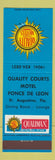 Matchbook Cover - Quality Courts Motel Ponce De Leon St Augustine FL