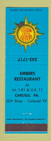Matchbook Cover - Quality Courts Motel Embers Restaurant Carlisle PA