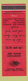 Matchbook Cover - Beef House Restaurant Columbus MS Tupelo Meridian