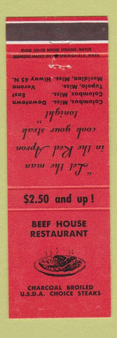 Matchbook Cover - Beef House Restaurant Columbus MS Tupelo Meridian