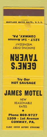 Matchbook Cover - James Motel Conway PA Gene's Tavern