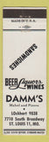 Matchbook Cover - Damm's Sandwiches St Louis MO