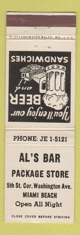 Matchbook Cover - Al's Bar Package Store Miami Beach FL