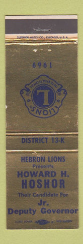 Matchbook Cover - Howard Hoshor -  Jr Deputy Governor Lions Club 1969