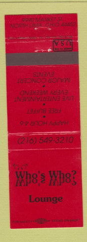Matchbook Cover - Who's Who Lounge North Lima OH