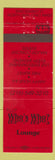Matchbook Cover - Who's Who Lounge North Lima OH