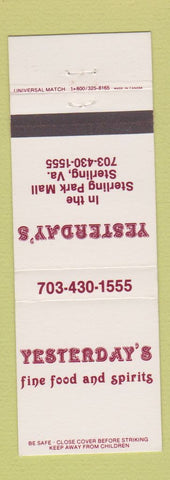 Matchbook Cover - Yesterday's Restaurant Sterling VA