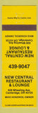 Matchbook Cover - New Central Restaurant Lounge Cambridge OH