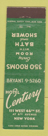 Matchbook Cover - Hotel Century New York City Federal