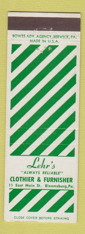 Matchbook Cover - Lehr's Men's Clothes Bloomsburg PA