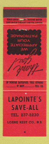 Matchbook Cover - Lapointe's Save All Lorne Rest NB