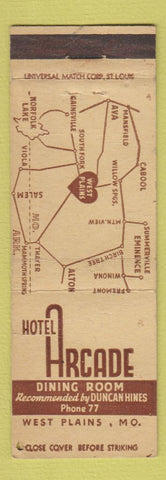 Matchbook Cover - Hotel Arcade West Plains MO